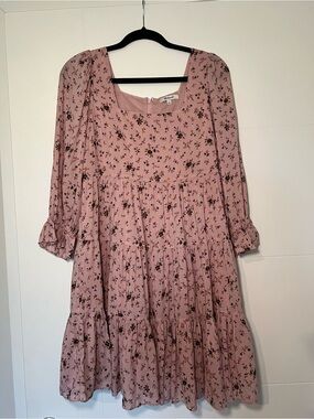 Madewell Dusty Pink Floral Tiered Long Sleeve Dress